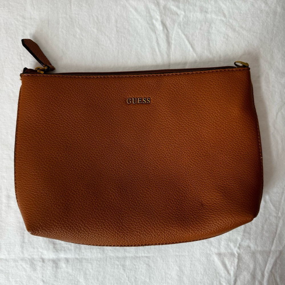 Guess Small Brown Accessory Or Makeup Bag, Leopard Interior, Zipper Close